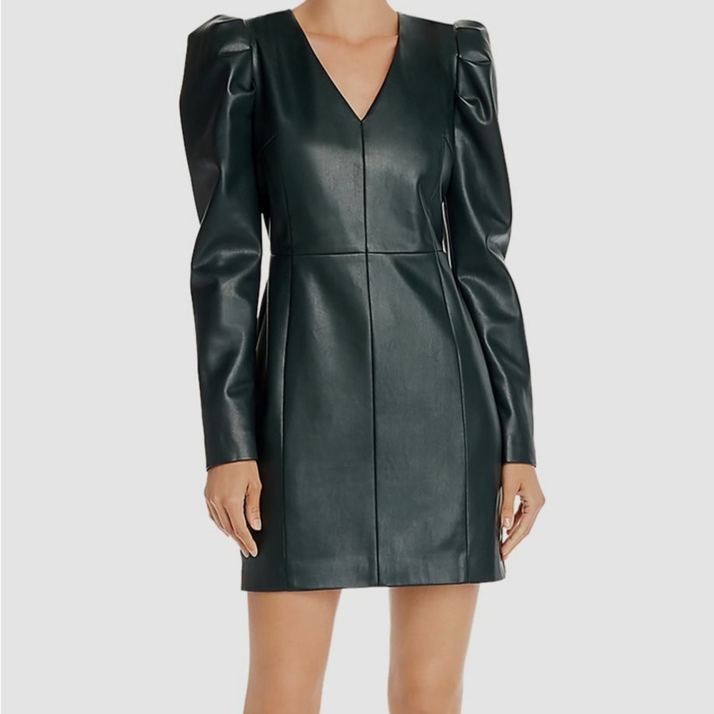 V-Neck Long Sleeve Faux Leather Dress
